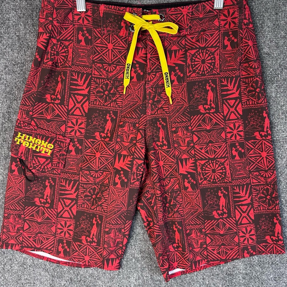 Hinano Tahiti men’s swim trunks 30 board shorts lace up Hawaiian surf hula girl